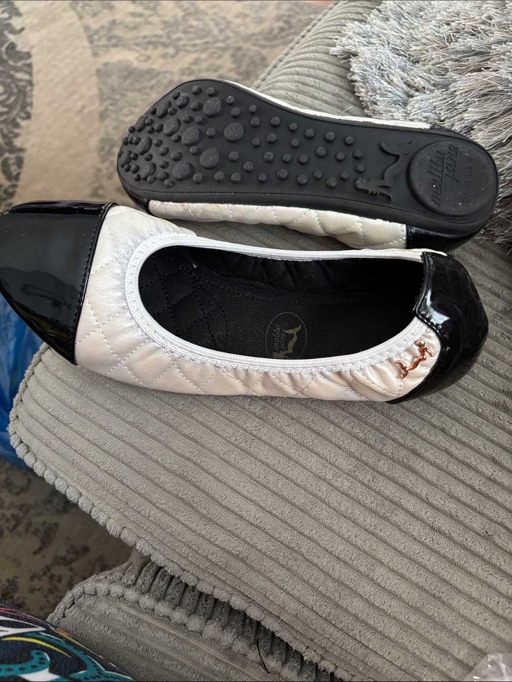 Malibu White Quilted Ballet Flats with Black Patent Toe